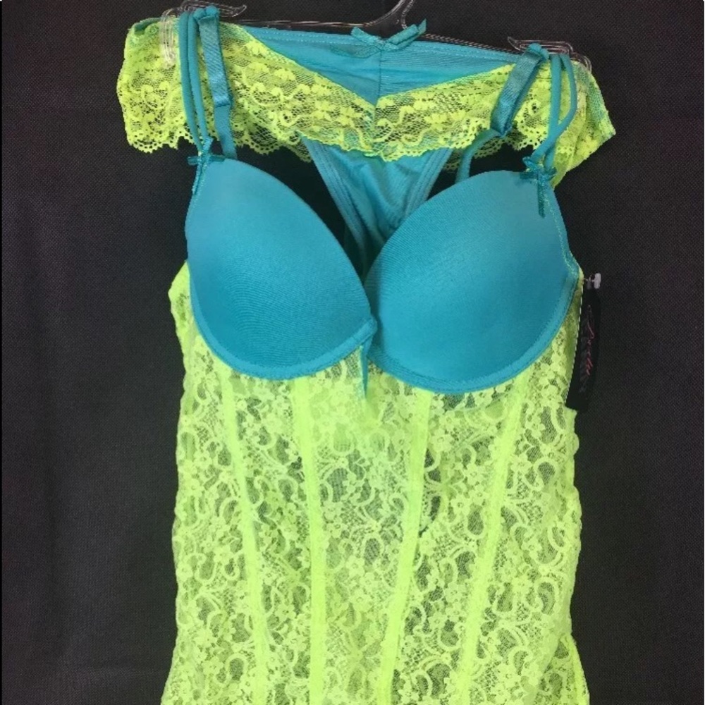 Lime and Turquoise Lace Cami and Thong -